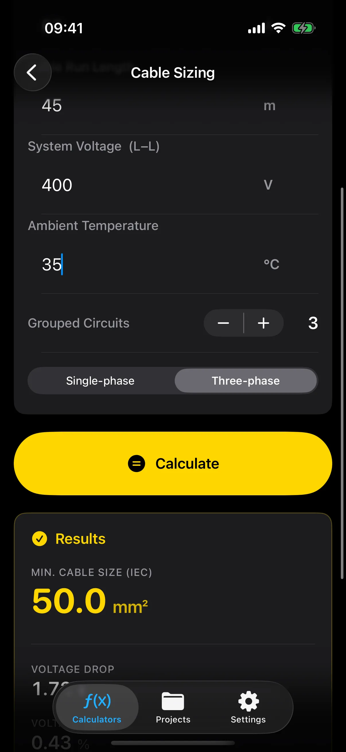The Cable Sizing calculator