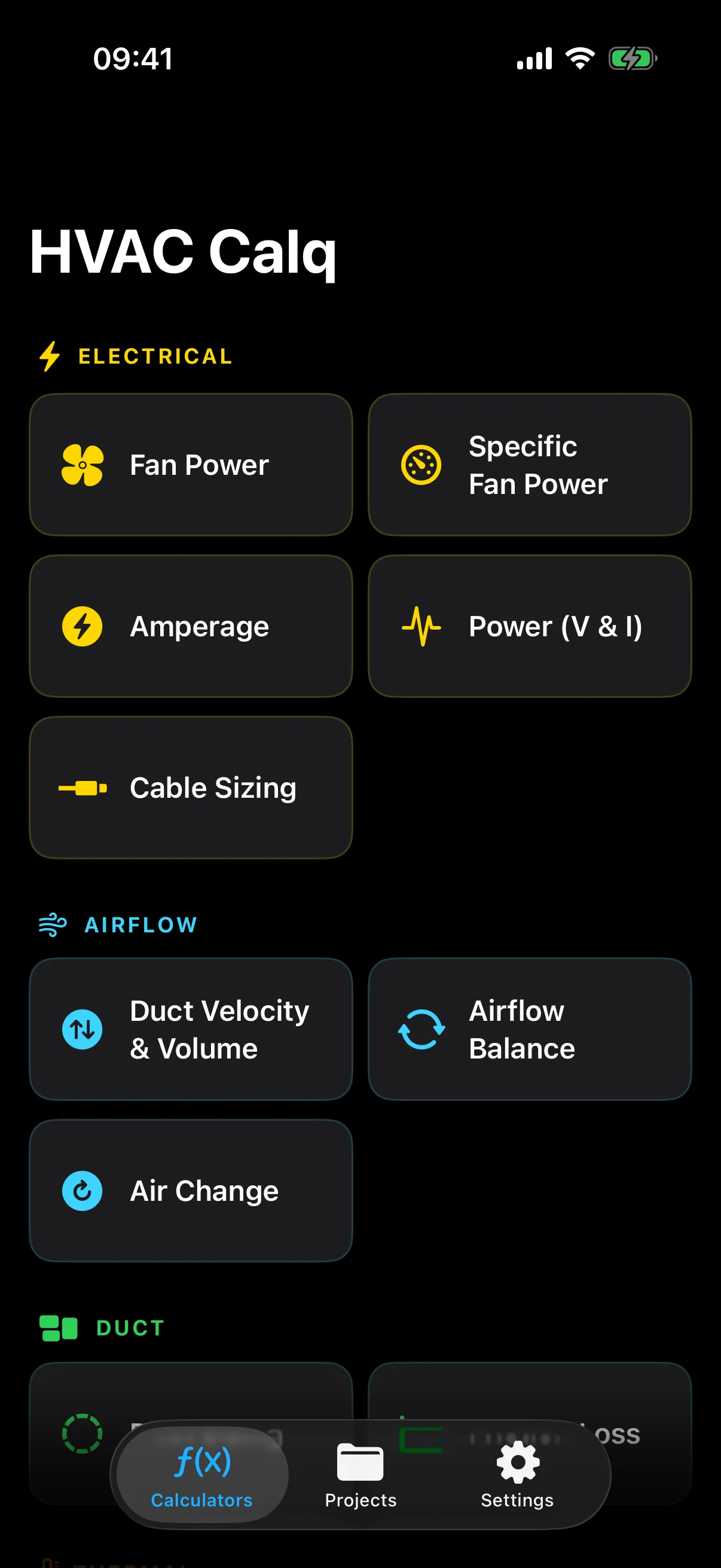 The HVAC Calq calculator menu