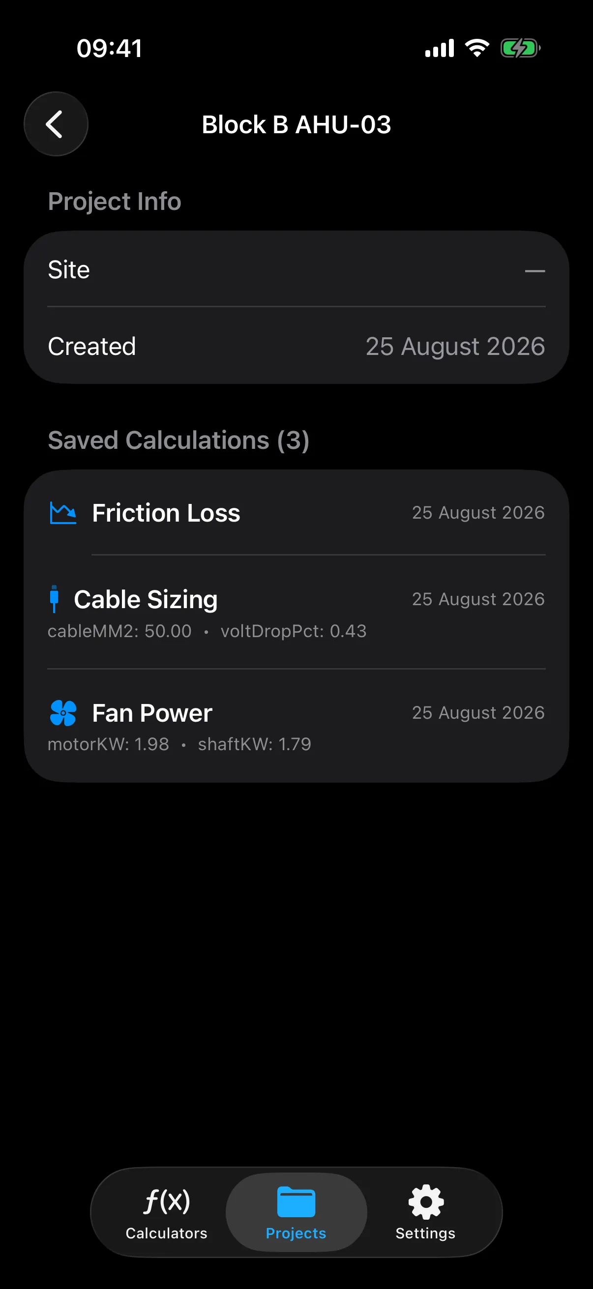 A saved project showing several stored calculations